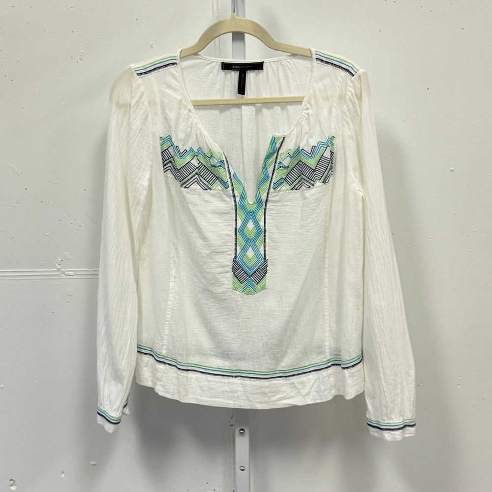 BCBGMAXAZRIA White Embroidered Gauze Peasant Blouse Boho Long Sleeve Top Small